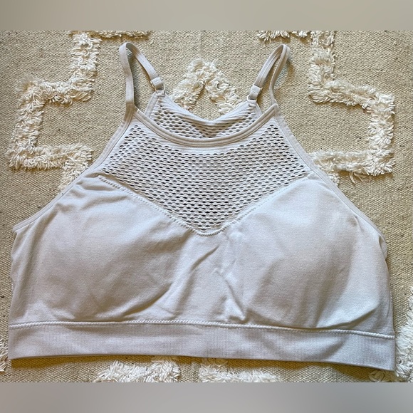 White Padded Halter Sports Bra with Fishnet Design - Picture 1 of 6